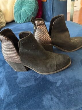 Toms Black Suede Ankle Booties with Metallic Striped Heel Panel